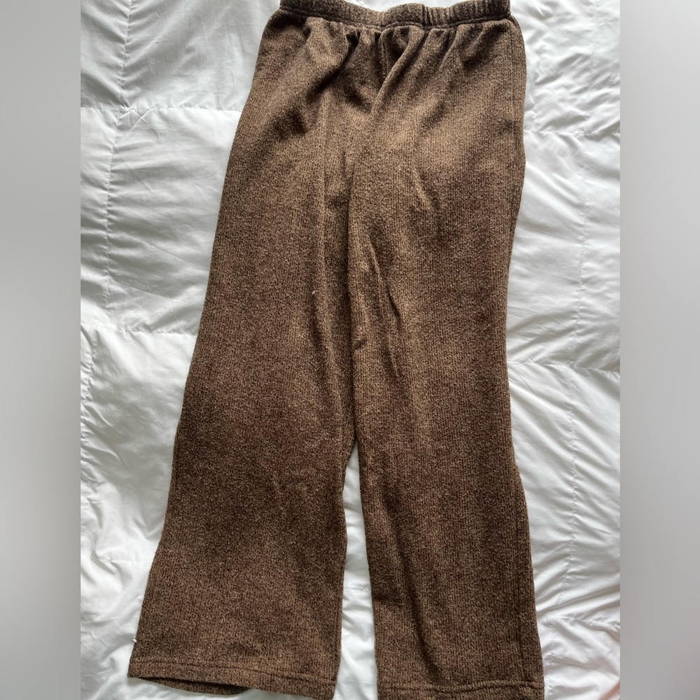 Brown Wide Leg Knit Pants with Elastic Waistband